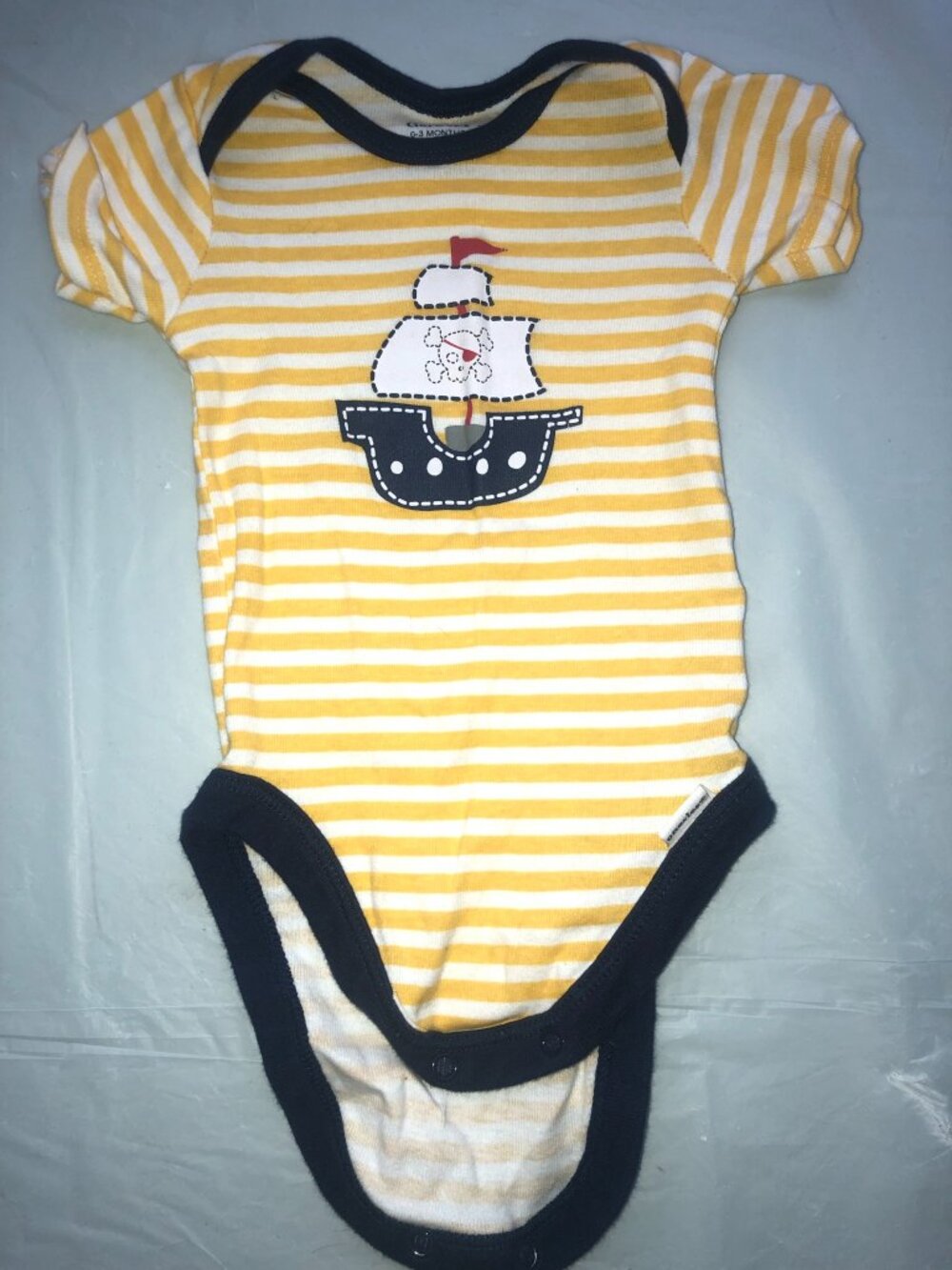 0-3 Months Gerber Onesie w/Pirate Ship & Yellow/White Horizontal Stripes